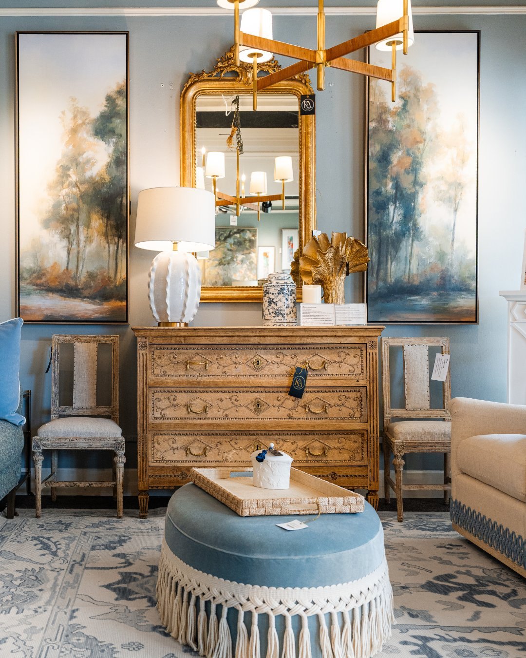 Antiques mixed with modern pieces in the Kathy Adams showroom
